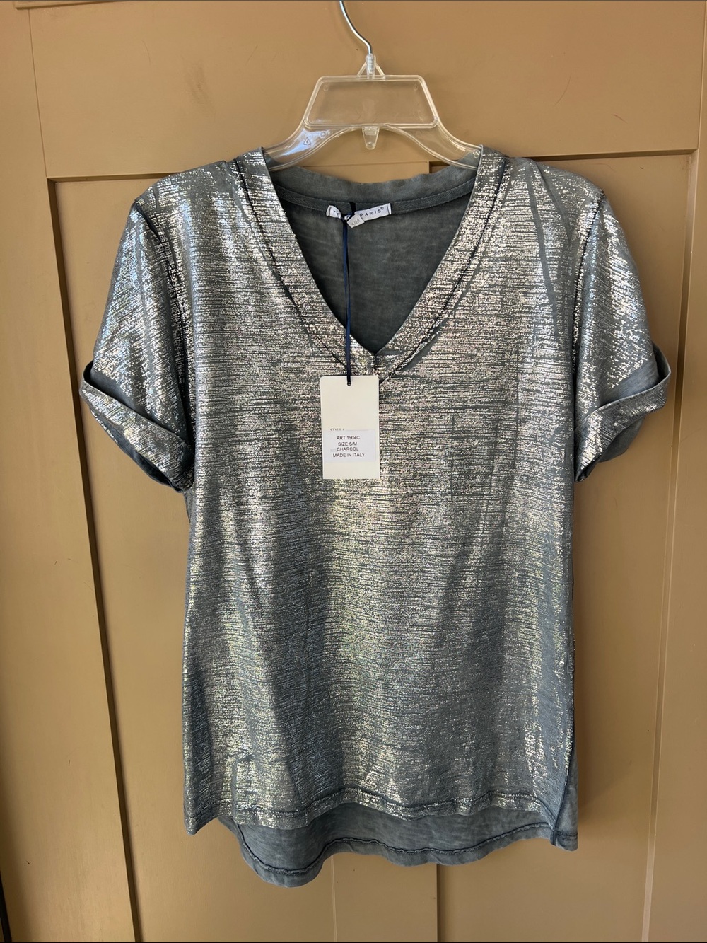 Tempo Paris New w Tag S/M Metallic Silver V-Neck Short Sleeve Top